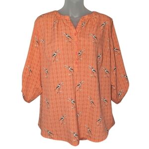 Croft  & borrow XL 3/4 sleeve bird pattern Orange V-Neck Partial Button Tunic